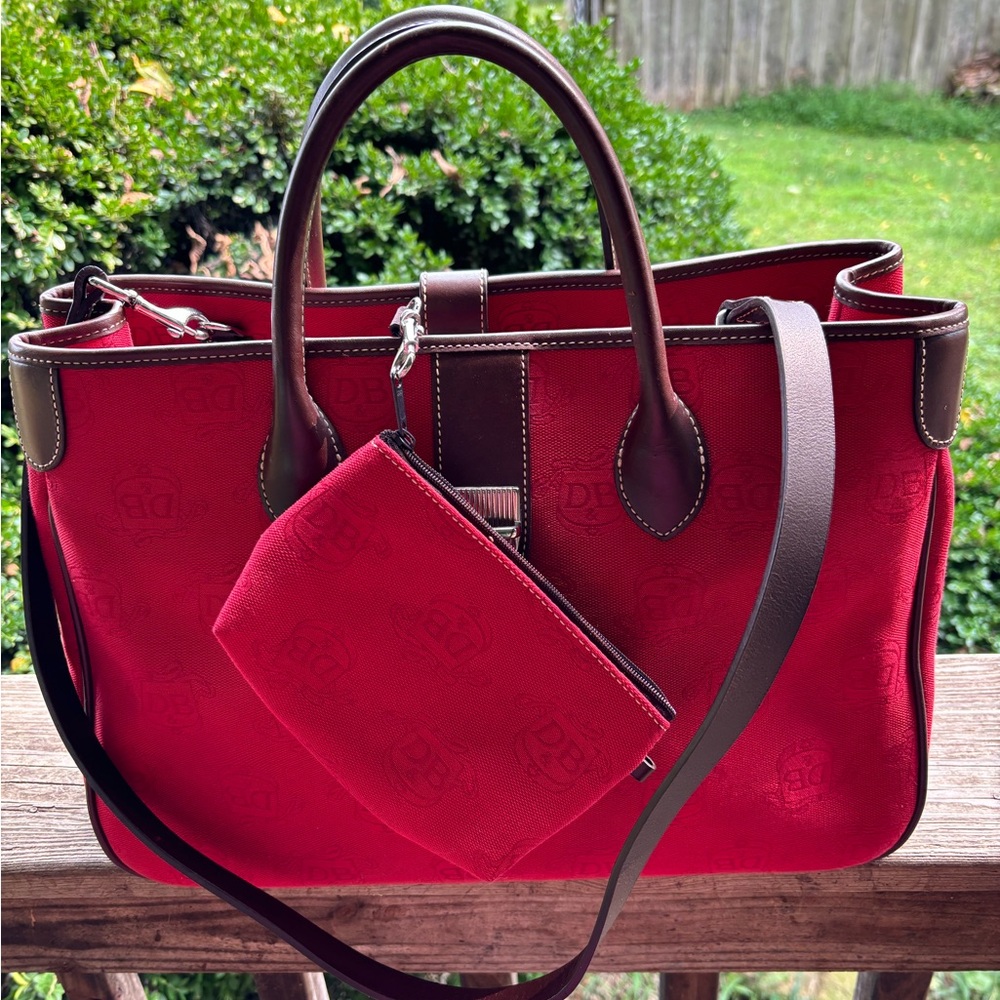 Dooney & Bourke Large Dark Red Monogram Canvas Tote Bag with Brown Leather Trim - Picture 2 of 12